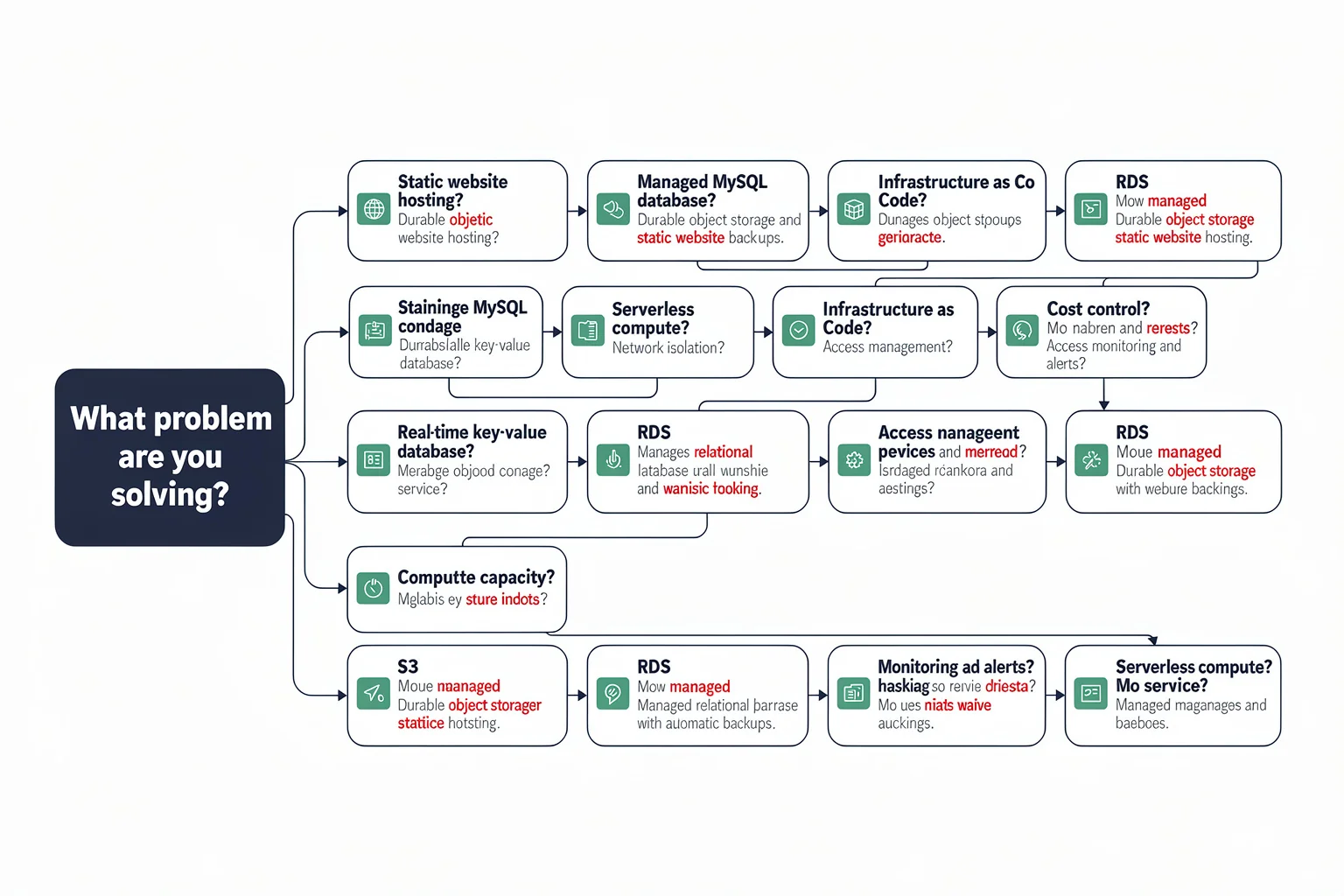 Decision tree infographic mapping business scenarios to essential AWS services for CLF-C02 exam, covering compute, storage, database, networking, and management services.