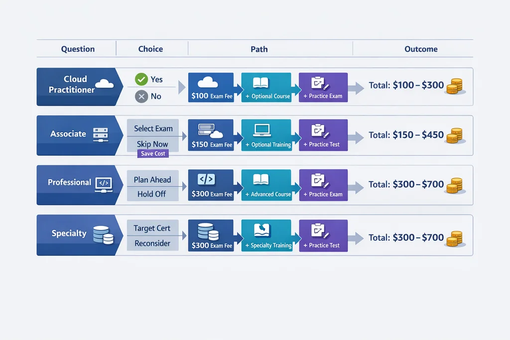 AWS certification exam cost decision matrix comparing budget tiers by career stage and exam level