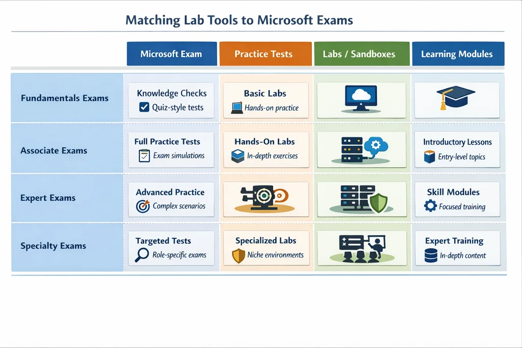 Microsoft practice exams lab tool decision matrix matching free Hyper-V, Azure sandbox, M365 developer tenant and Wireshark to certification exam families