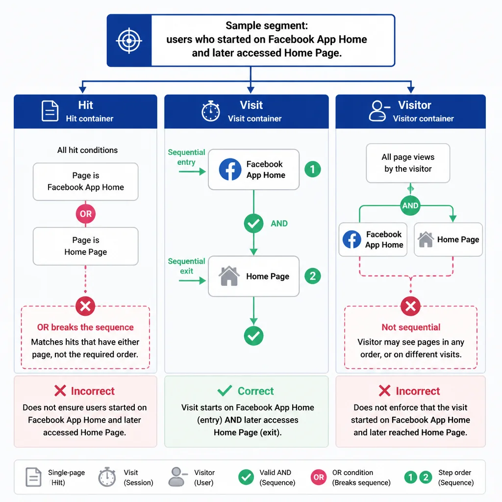AD0-E208 sample questions decision tree comparing hit, visit, and visitor container logic for a Facebook App Home to Home Page sequential segment.
