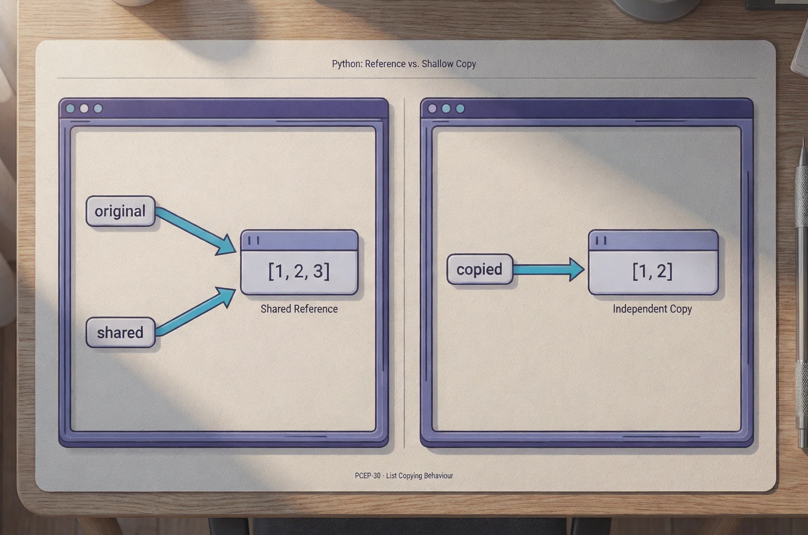 Diagram comparing Python shared list references and independent copies on a study card for pcep-30 exam preparation.