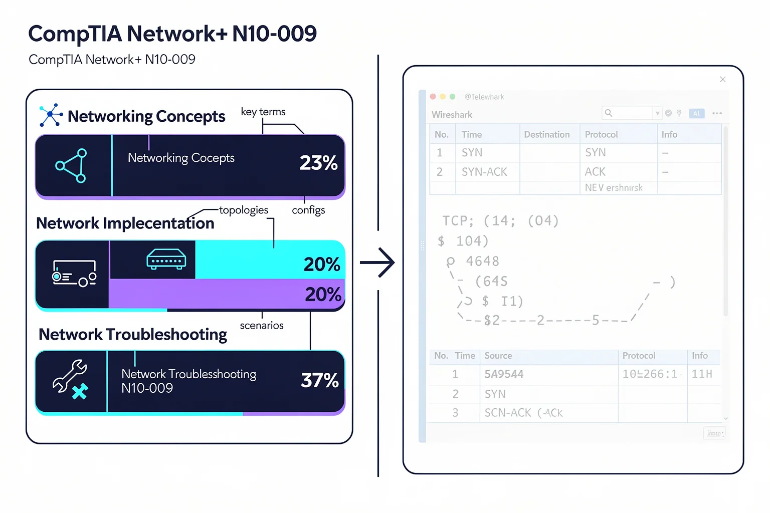 Infographic comparing Network+ and CCNA exam domains with a Wireshark capture overlay, illustrating wireshark exam skills needed for performance-based questions.