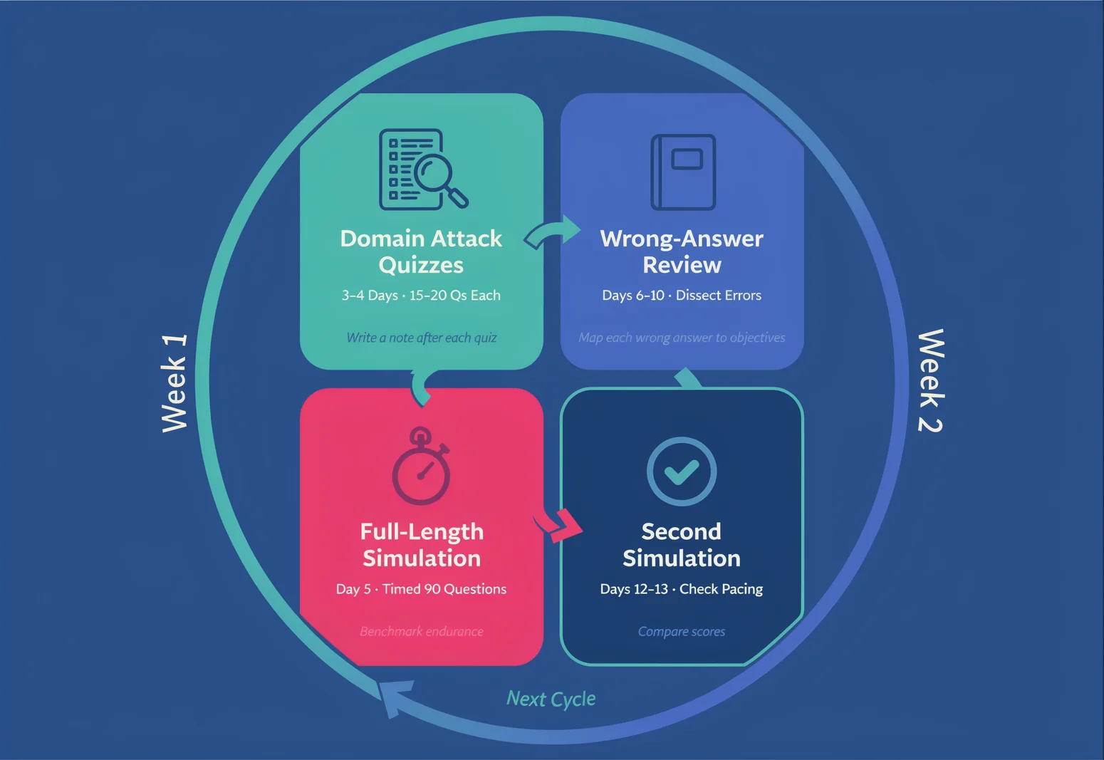 Two-week quiz cycle infographic showing a study plan for how to pass certification quiz, with domain quizzes, full simulation, wrong-answer review, and second simulation in a repeating loop.