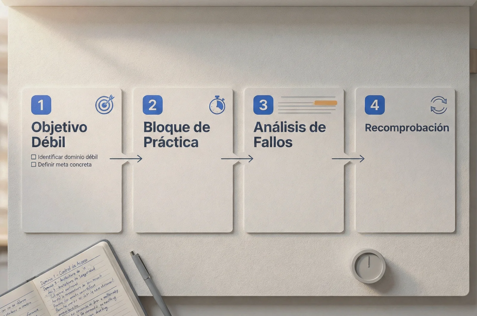 Diagrama de proceso en cuatro pasos sobre un escritorio de estudio para planificar el repaso previo a cissp certification exams.