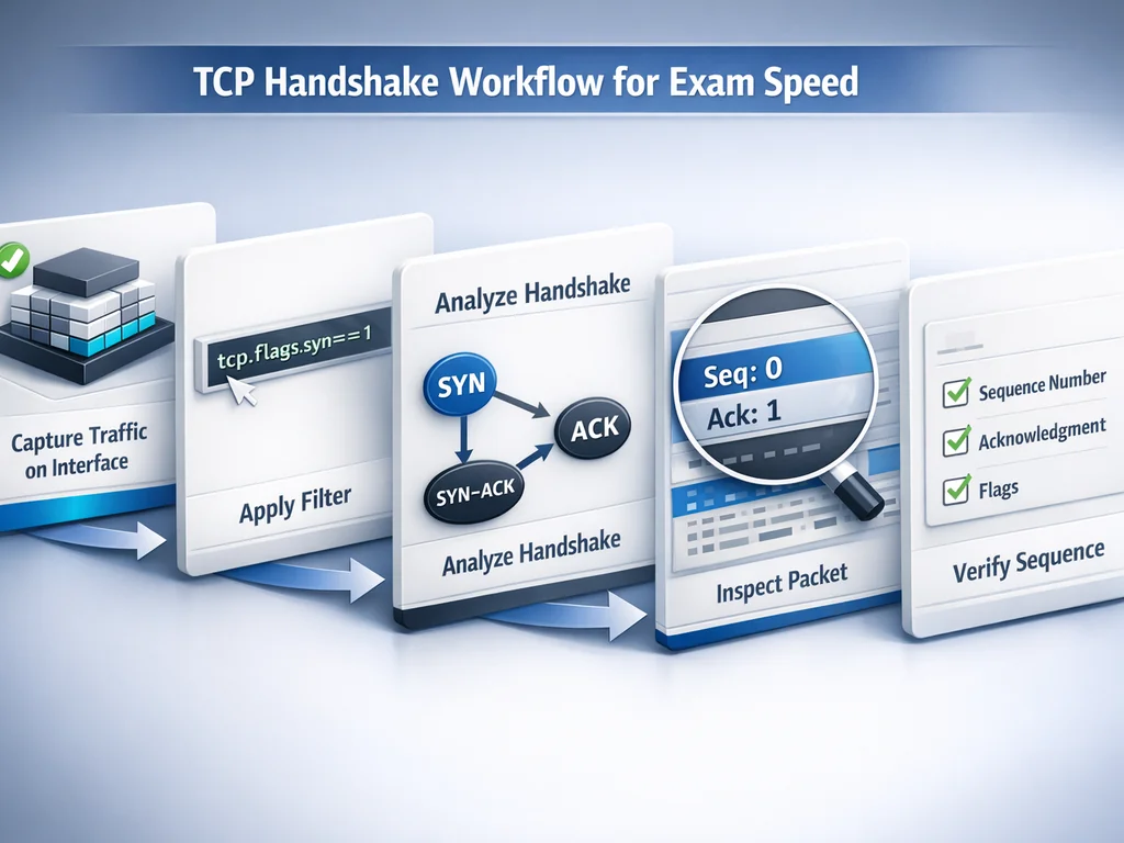 Wireshark certification labs TCP handshake workflow diagram showing capture, filter, sequence analysis, and exam answer extraction steps for CCNA and Network+ candidates