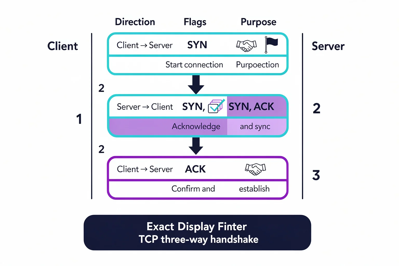 TCP three-way handshake diagram with wireshark filters network+ syntax for isolating SYN packets in Network+ exam prep