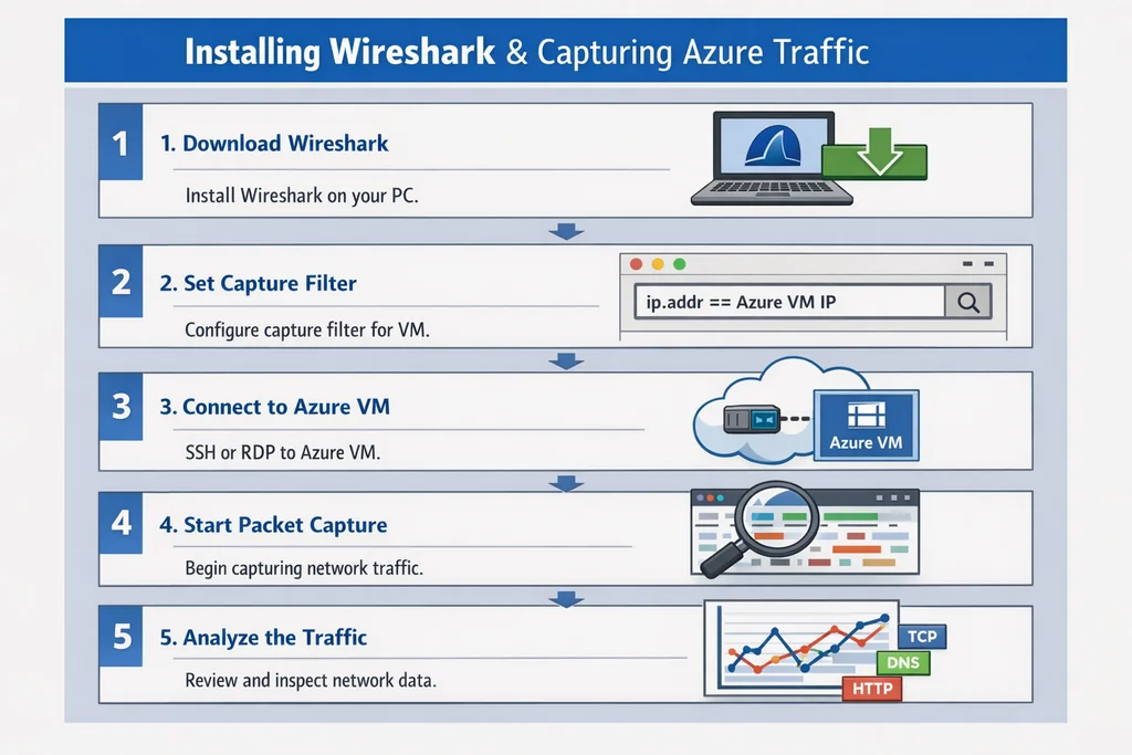 Step-by-step process flow for installing Wireshark and capturing Azure VM network traffic to build hands-on microsoft exam practice tests