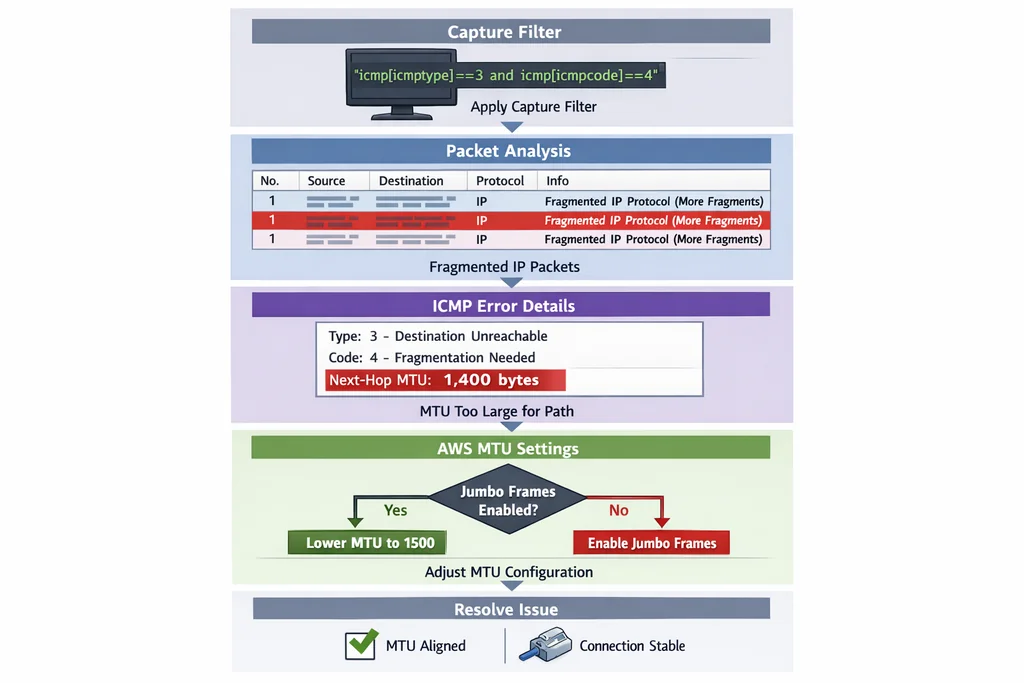 MTU mismatch diagnostic flow for aws solution architect professional SAP-C02 Direct Connect troubleshooting