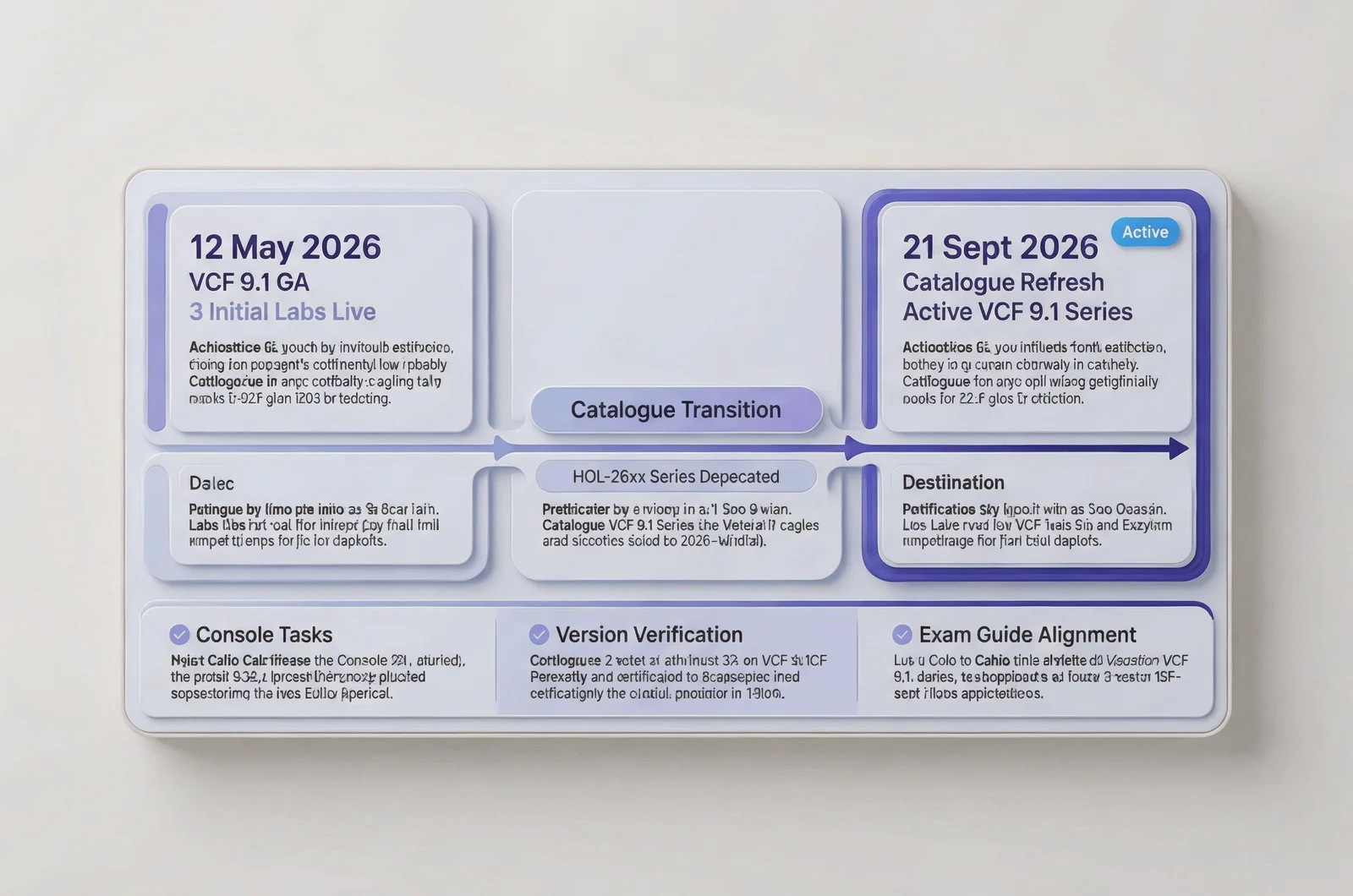 Timeline diagram illustrating the 2026 VCF 9.1 catalogue refresh and deprecation milestones for candidates coordinating their vmware practice test hands-on labs study schedule.