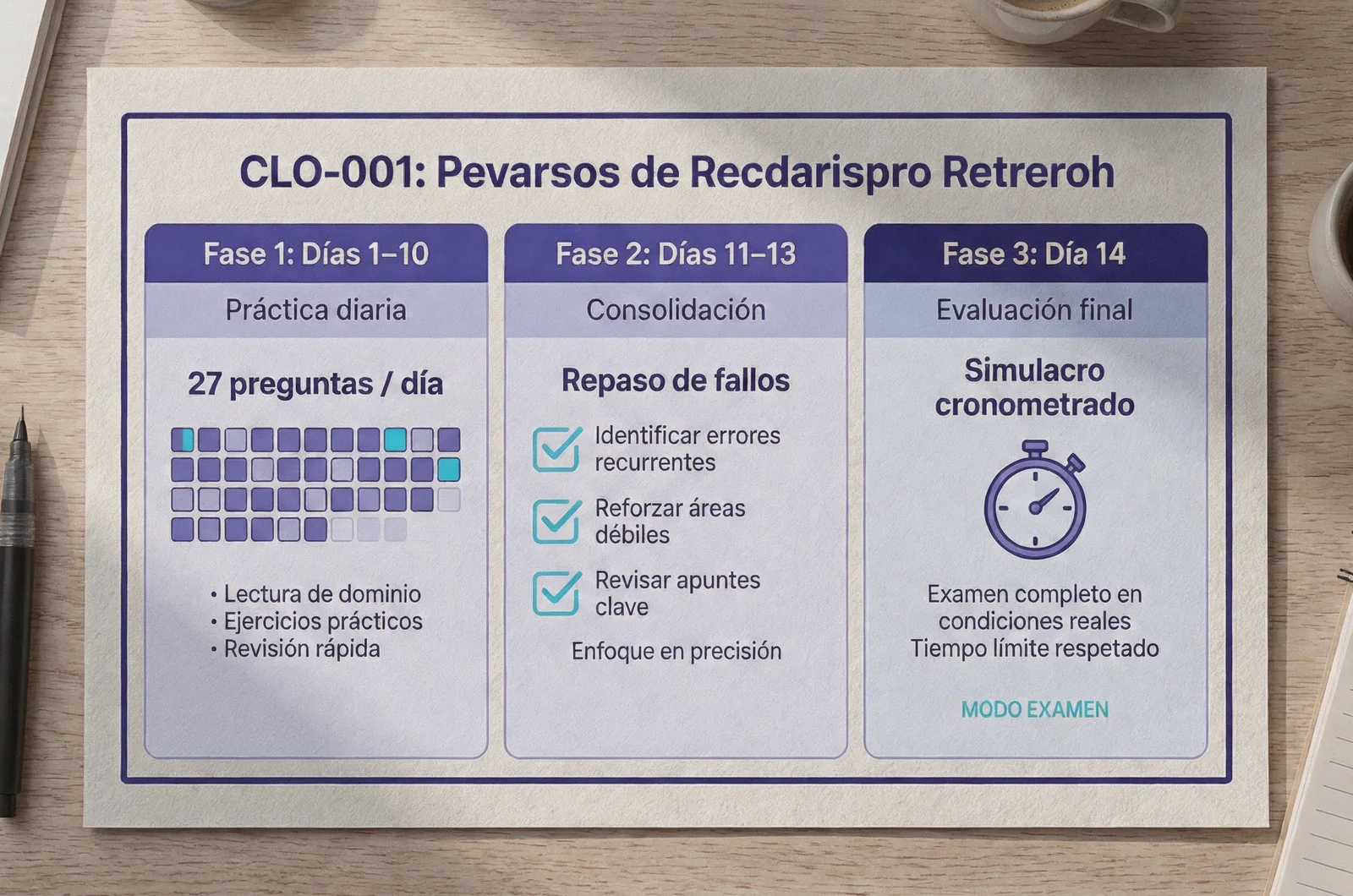 Cronograma de estudio de 14 días con fases de práctica diaria y simulacro cronometrado para preparar el examen CLO-001.