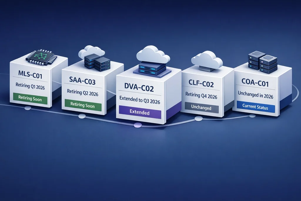 AWS certification exam retirements 2026 timeline showing key retirement dates for MLS-C01, SAA-C03, DVA-C02, CLF-C02, and COA-C01 exams