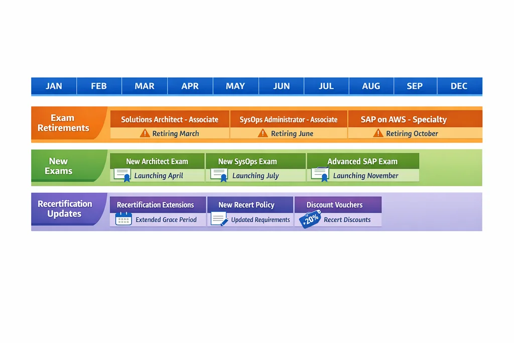 AWS exam schedule timeline showing confirmed 2026 retirements, beta launches, and recertification deadlines for certification candidates