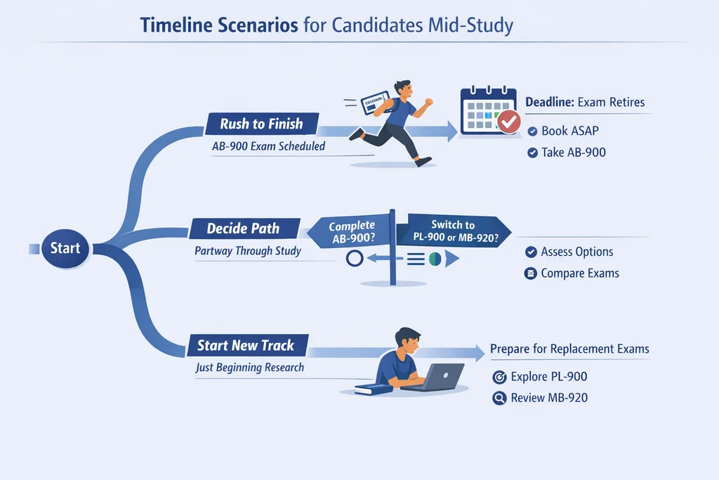 Timeline scenarios showing three candidate paths for the microsft ab-900 retirement deadline