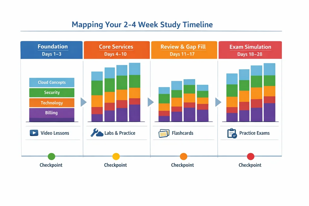 2-4 week study timeline infographic for aws certified cloud practitioner clf-c02 showing phased exam preparation with domain weighting and daily task blocks