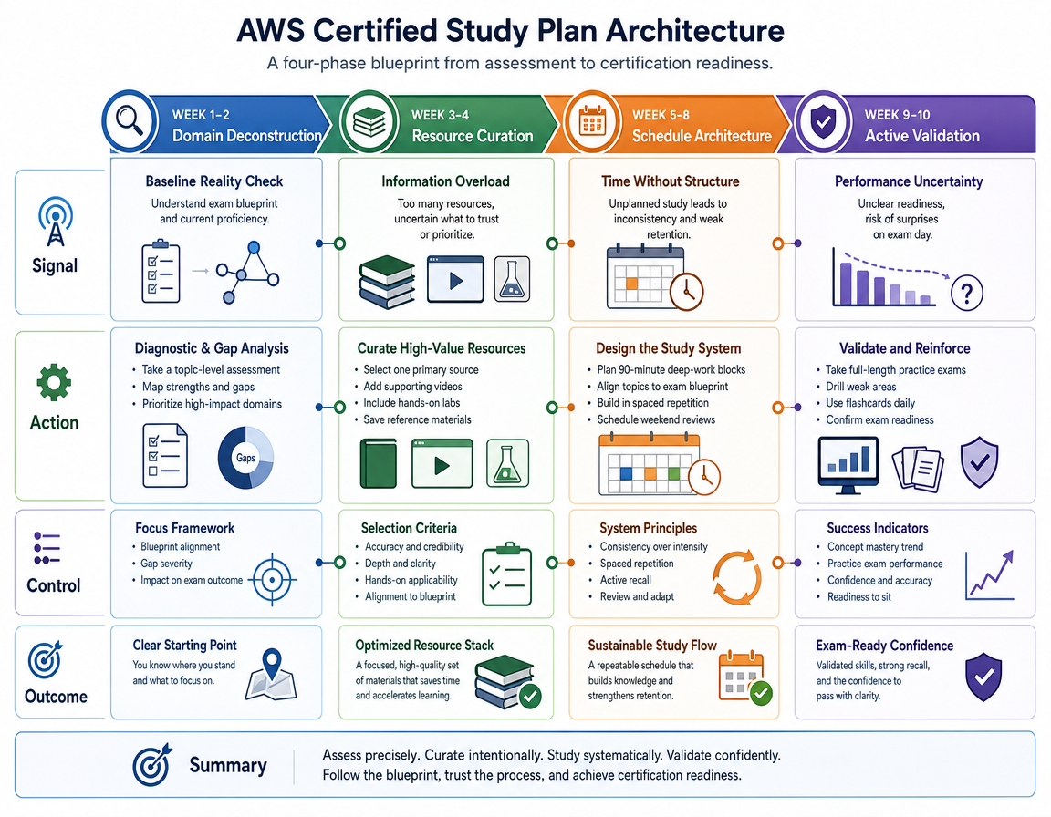 AWS certified study plan infographic showing 10-week schedule architecture with domain deconstruction, resource curation, time blocks, and active validation phases