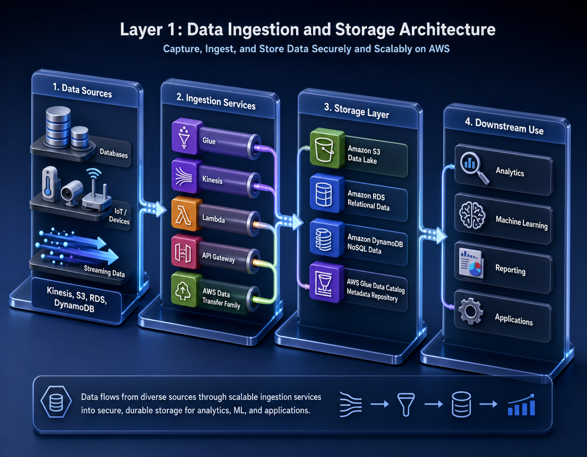 AWS Data Engineer Associate study plan infographic showing data ingestion and storage architecture layers with Kinesis, Glue, S3, and Redshift services