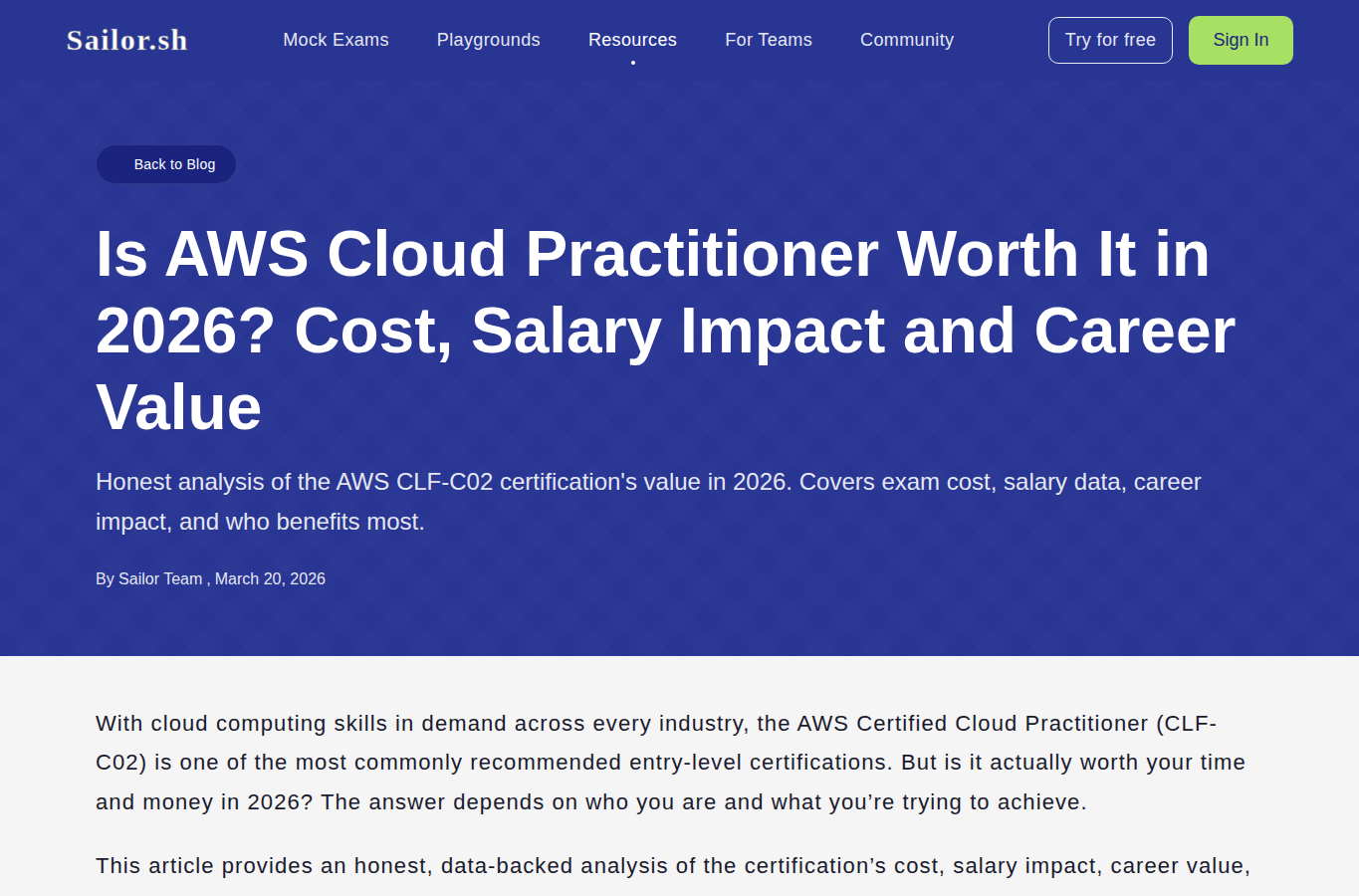 Sailor.sh page screenshot for aws cloud practitioner course cost