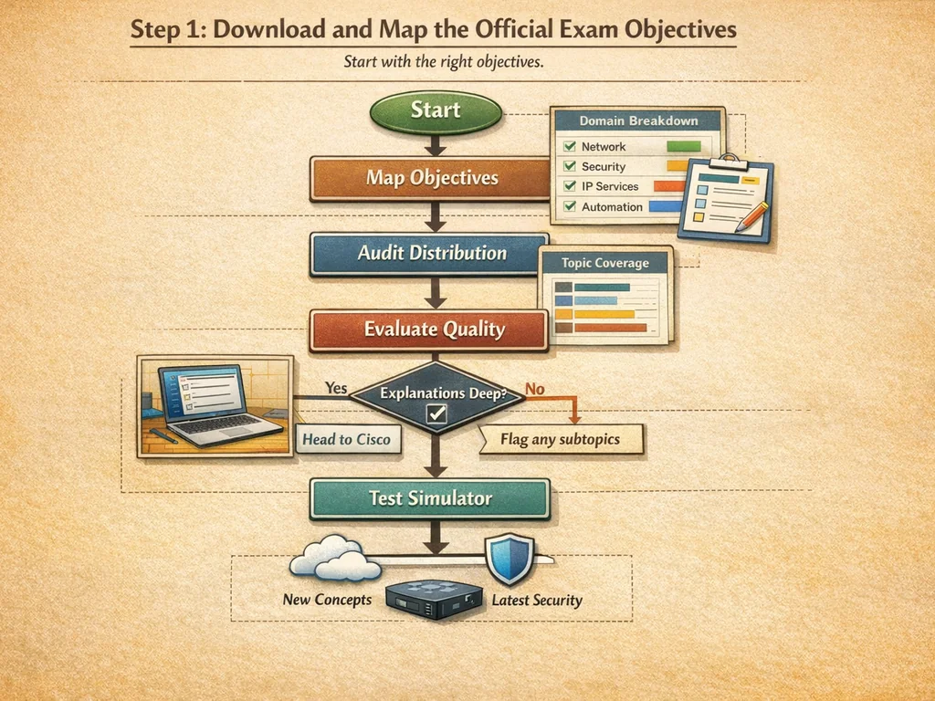 Step 1: Download and Map the Official Exam Objectives diagram for best ccna practice exams reddit