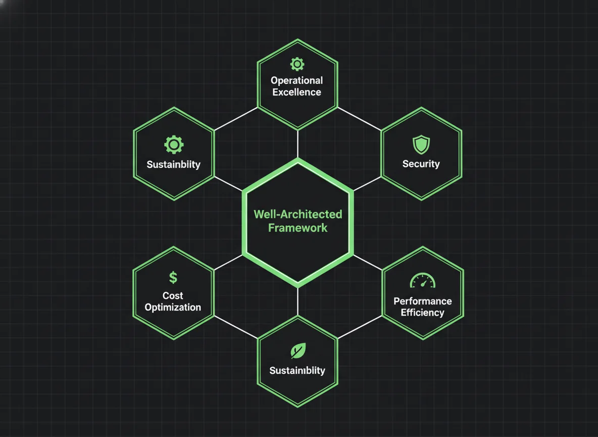 A technical diagram of the AWS Well-Architected Framework's six pillars, a key concept in AWS Solutions Architect Associate courses.