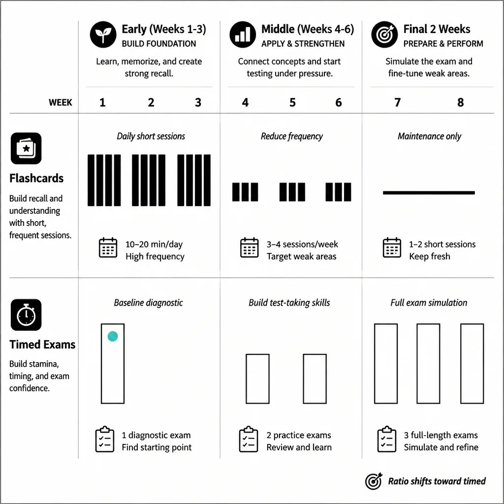 Eight-week study timeline showing how flashcard mode vs timed exam sessions shift across early, middle, and final study phases before a certification exam