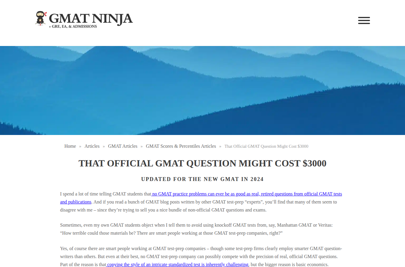 GMAT Ninja website screenshot for gmat practice questions