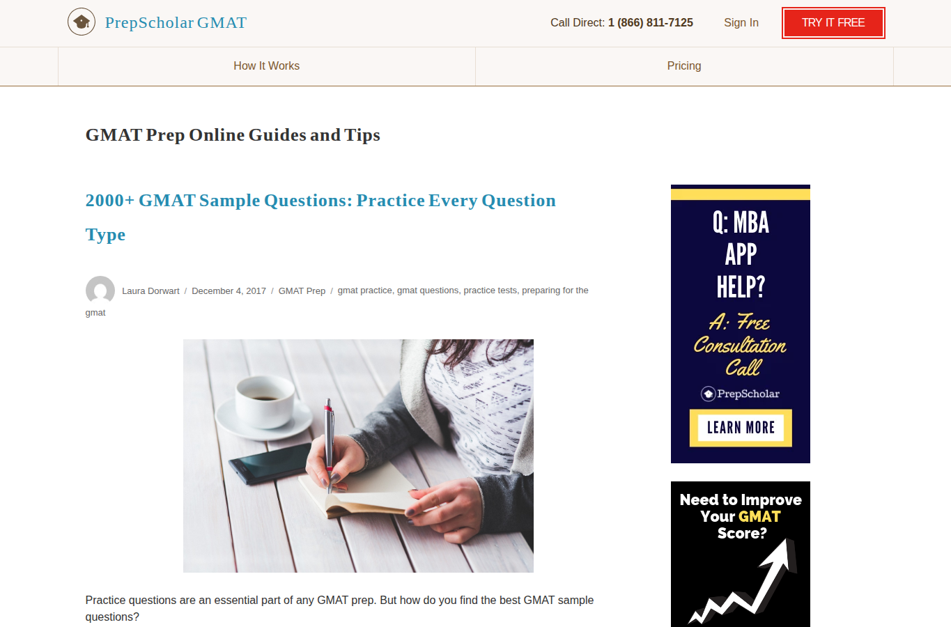 PrepScholar GMAT website screenshot for gmat practice questions