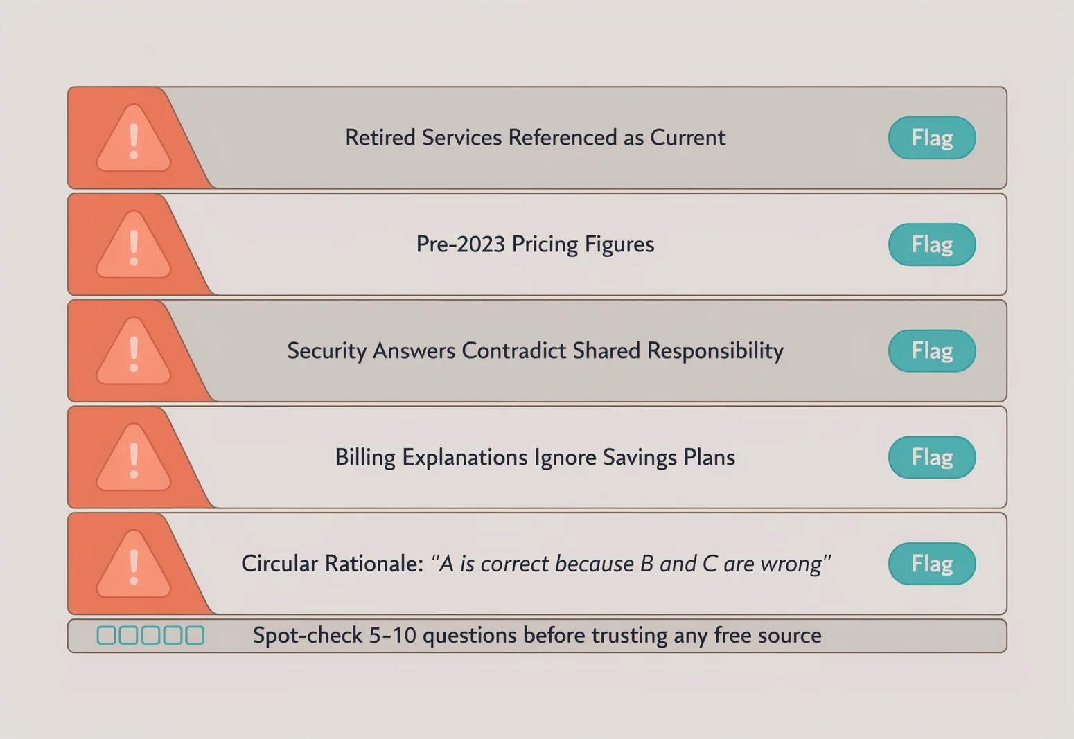 Diagnostic checklist showing five red flags to spot in any aws cloud practitioner practice exam free resource before studying