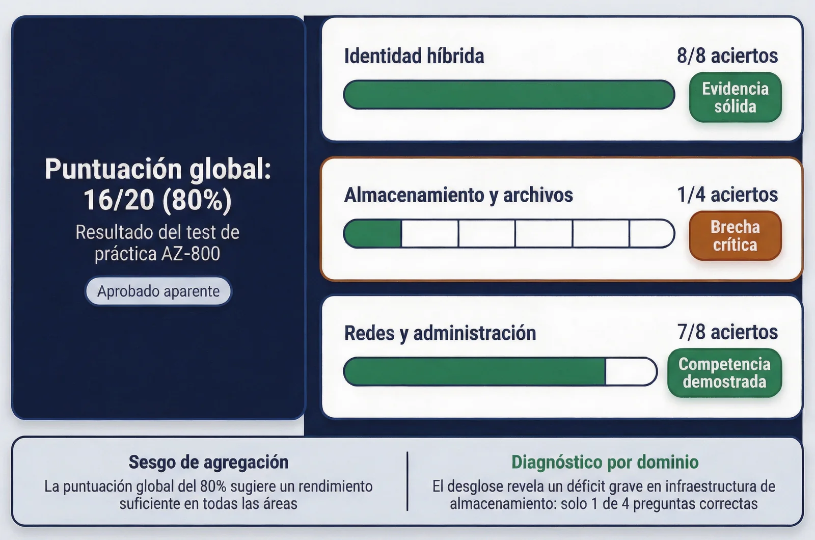 Matriz de desglose diagnóstico de un az-800 practice test que compara un resultado global del 80 por ciento con los aciertos específicos por dominio de infraestructura híbrida.