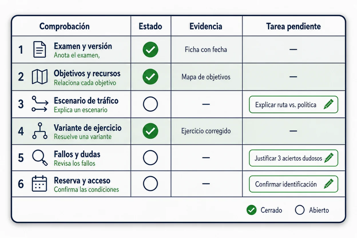 Tabla de seis comprobaciones para los fortinet certification exams con estado, evidencia y tarea pendiente para cada punto de preparación