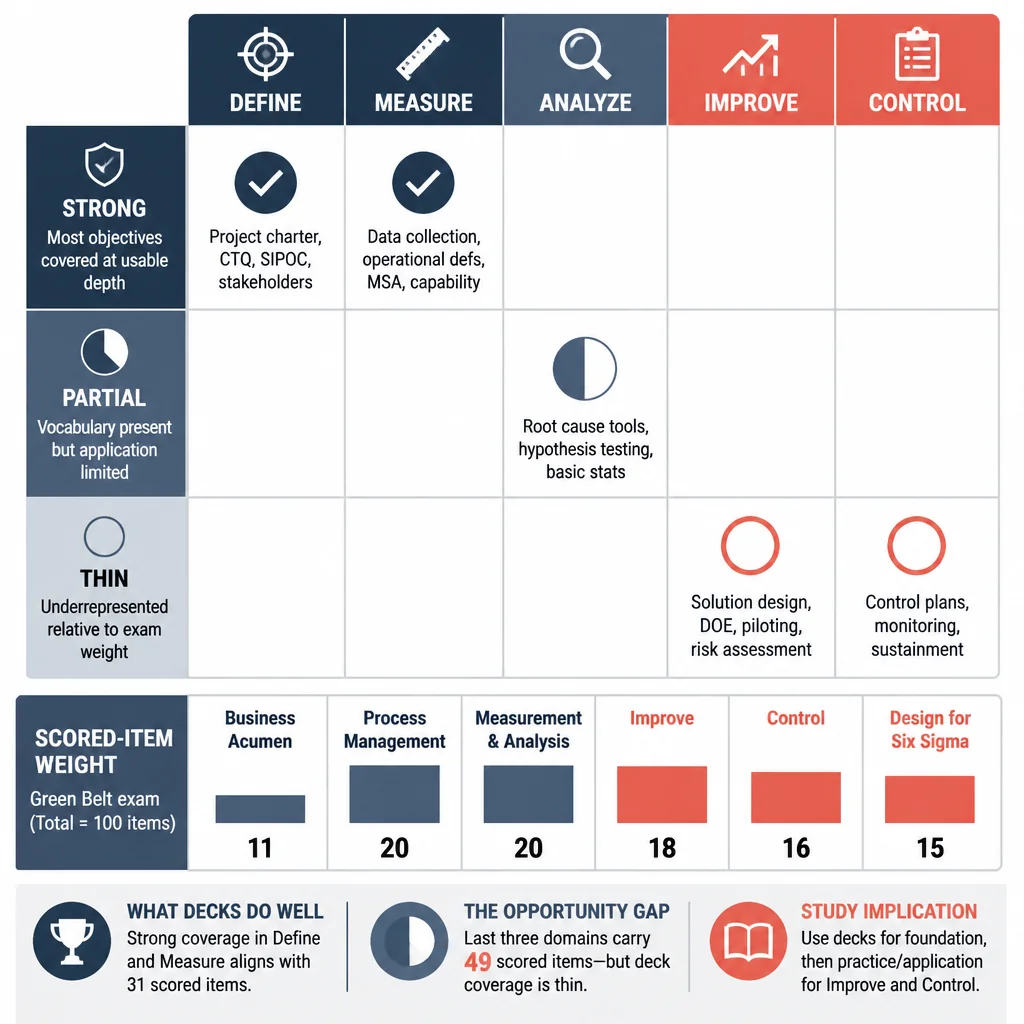 Coverage scorecard mapping DMAIC phase strengths and gaps in lean six sigma green belt exam questions and answers quizlet decks against scored exam weight