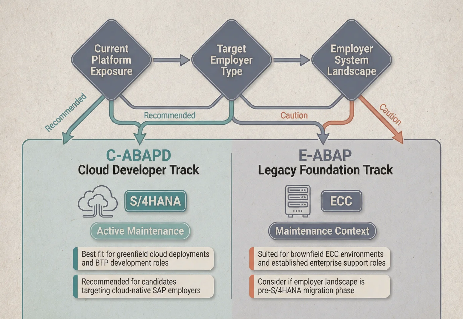 Decision tree diagram helping candidates choose between C-ABAPD-2309 and E-ABAP certification paths based on career goals and employer systems