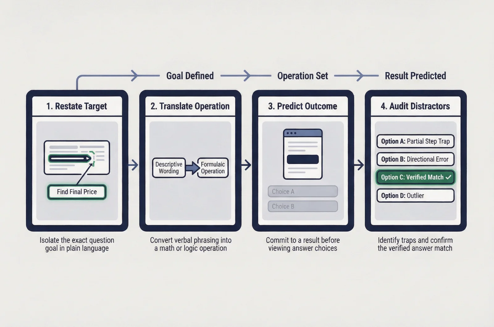Four-stage process flow diagram illustrating how to read ASVAB test questions by restating the goal, translating operations, predicting results, and auditing distractor traps.