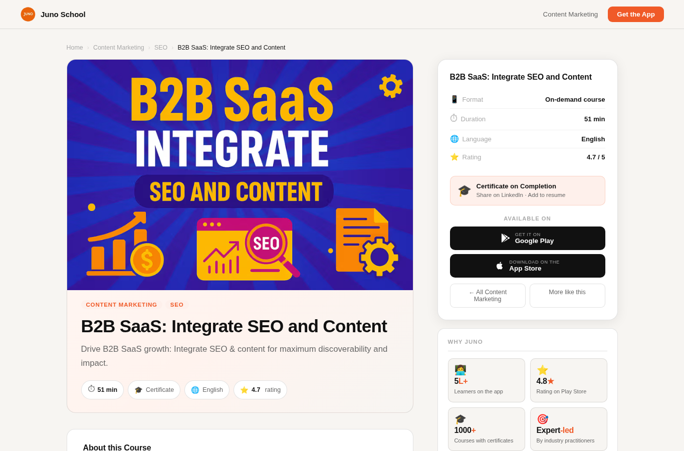 B2B SaaS: Integrate SEO and Content by Juno School website screenshot for best free seo courses 2026