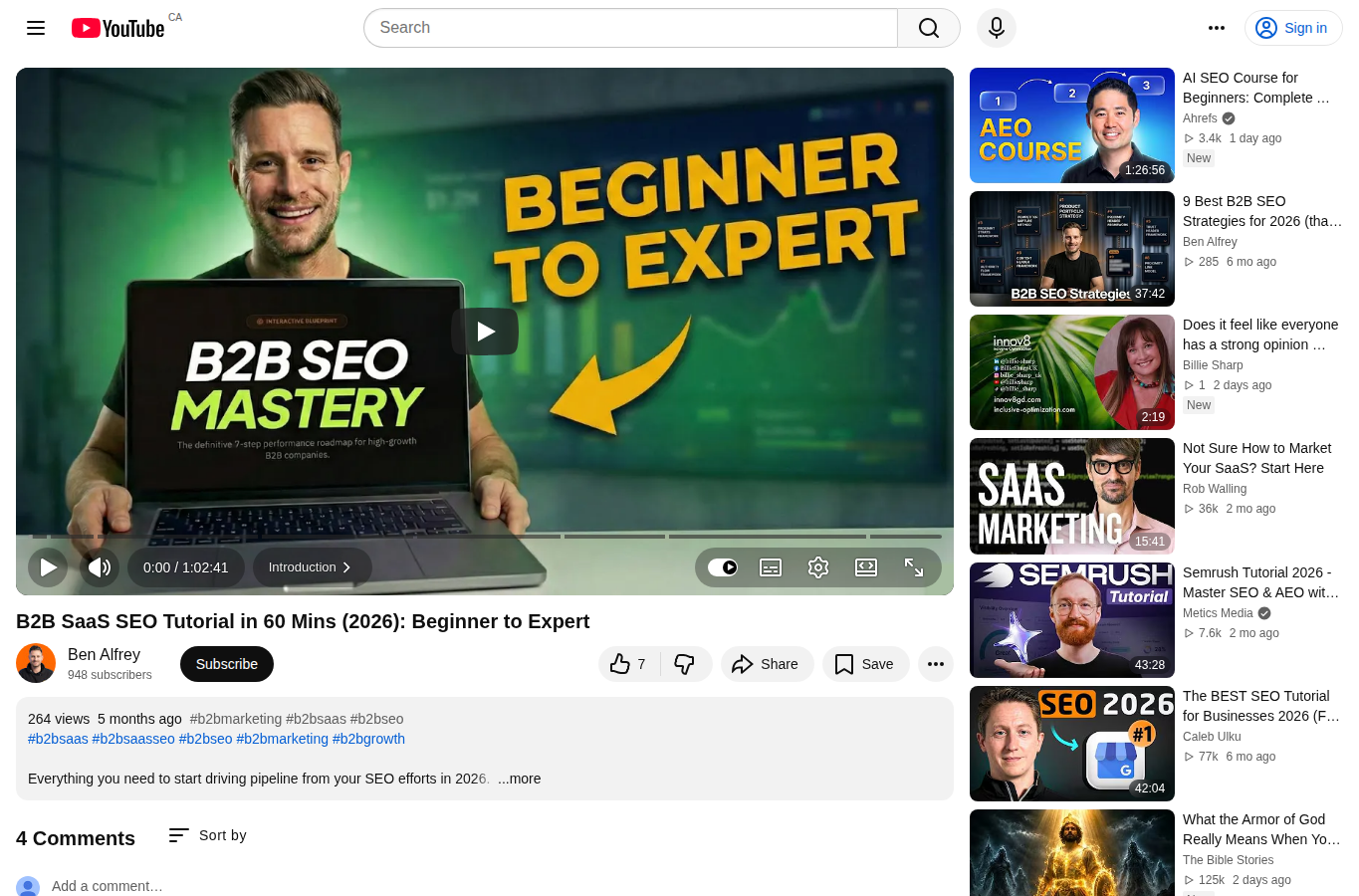 B2B SaaS SEO Tutorial in 60 Minutes (2026) on YouTube website screenshot for best free seo courses 2026