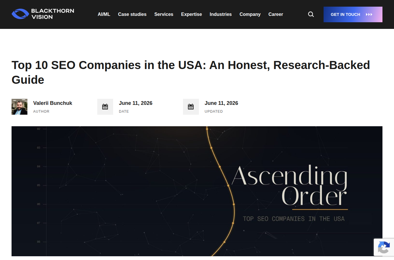 Blackthorn Vision’s Top 10 USA SEO Companies (2026) website screenshot for clutch top seo rankings 2026