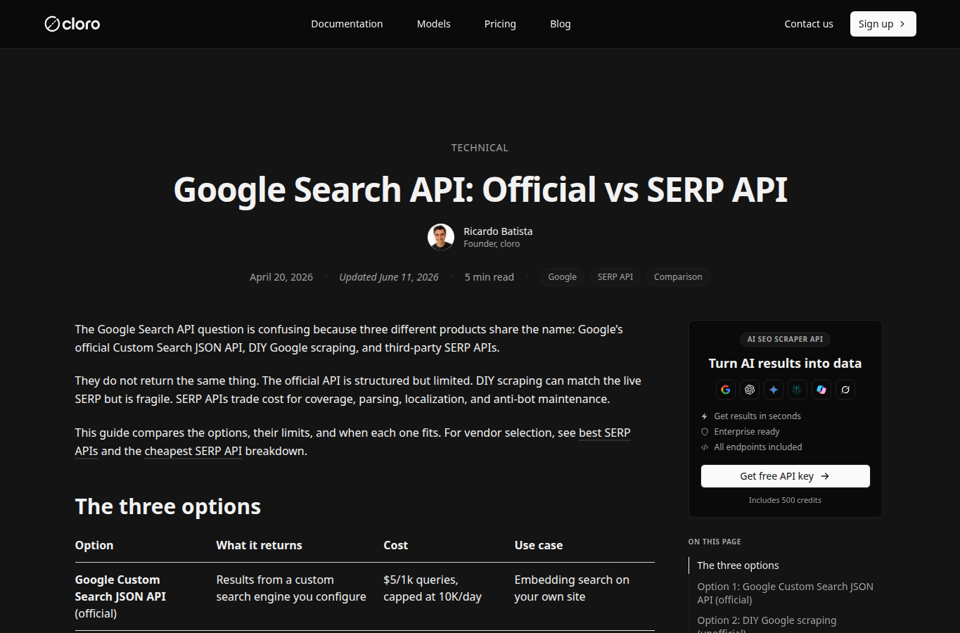 Cloro.dev’s breakdown of official vs. third-party SERP APIs website screenshot for google search api pricing per query