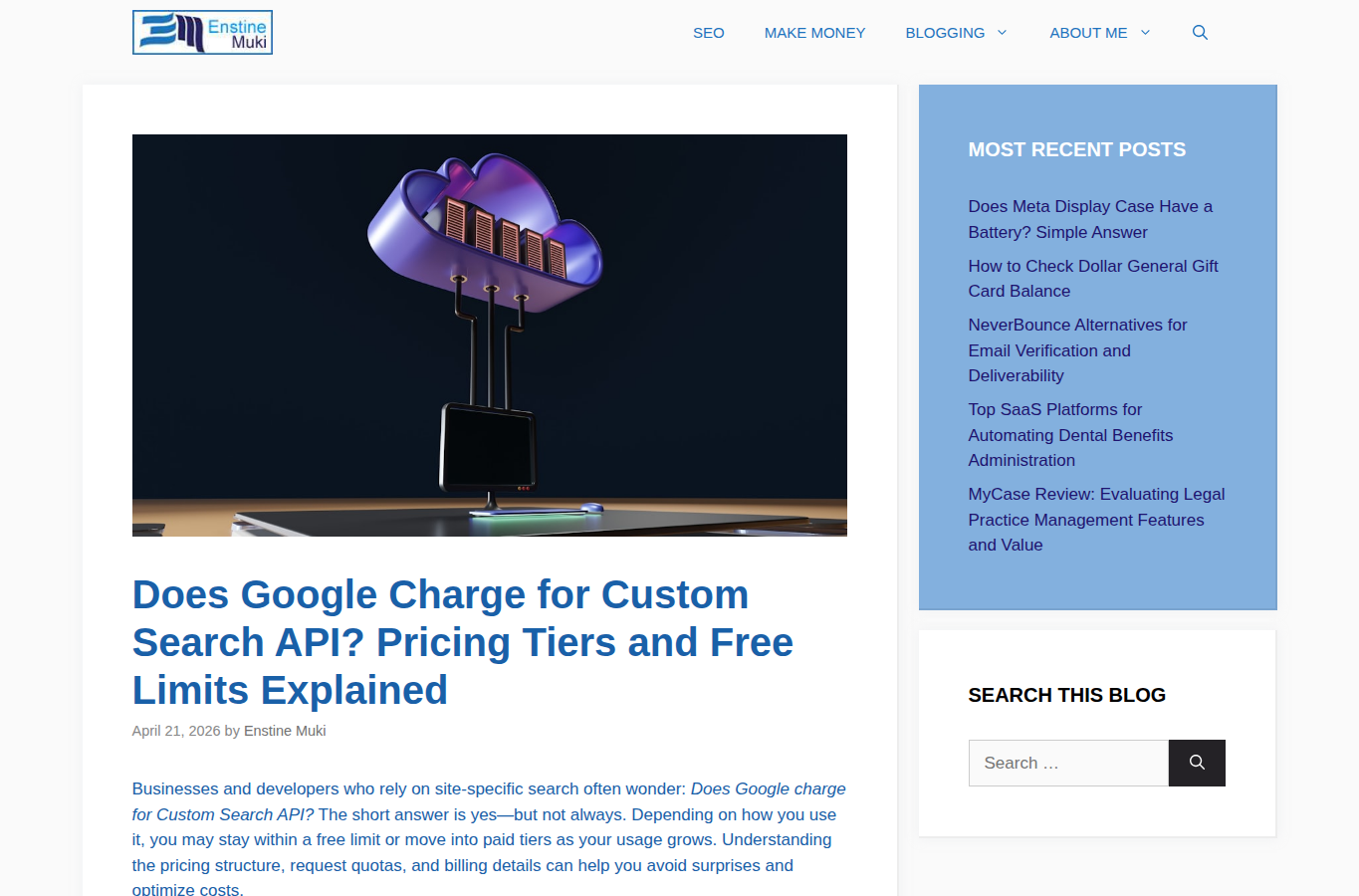 Enstinemuki.com on Custom Search API pricing tiers website screenshot for google search api pricing per query