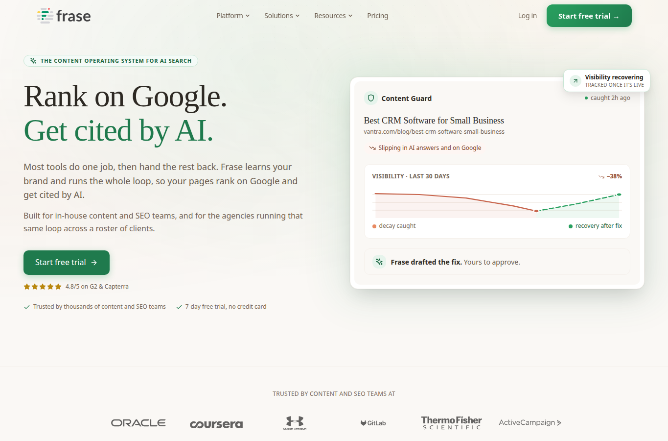Frase.io website screenshot for best ai seo services