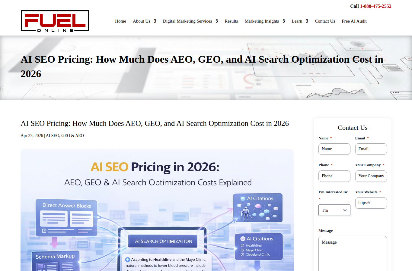 Fuel Online’s AEO and GEO Cost Breakdown website screenshot for ai seo pricing