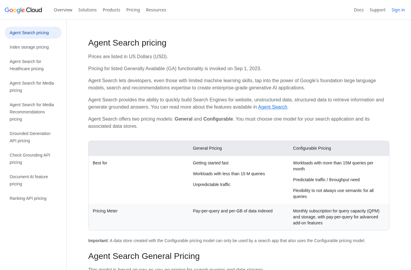 Google Vertex AI Agent Search pricing website screenshot for google search api pricing per query