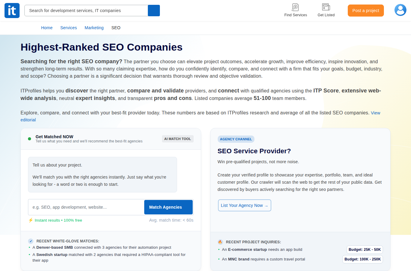 ITProfiles Top 100+ SEO Companies website screenshot for clutch top seo rankings 2026
