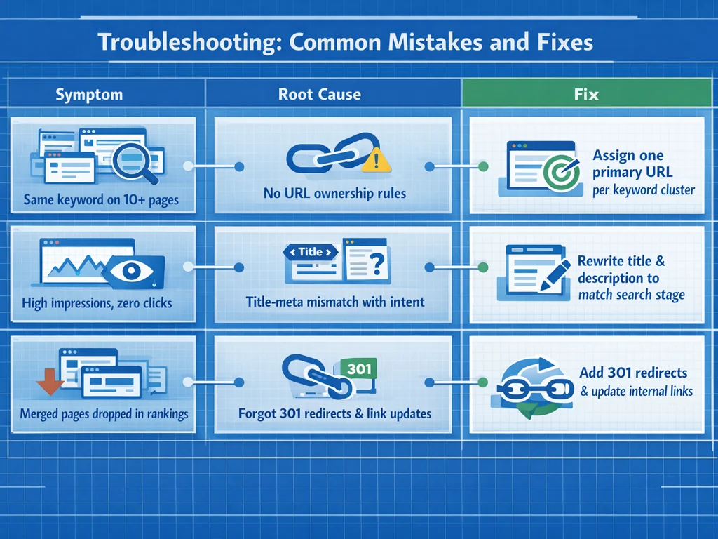 Troubleshooting matrix for seo tools keyword search audits showing common mistakes and corrective actions