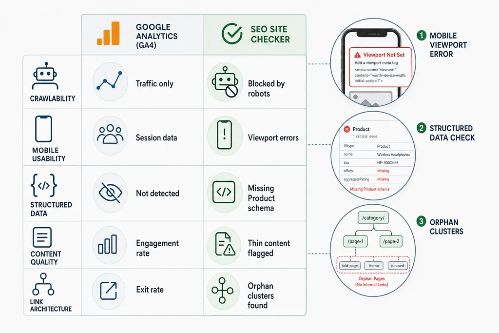 Comparison matrix showing what an SEO site checker detects that Google Analytics cannot surface, including crawl errors and structured data gaps
