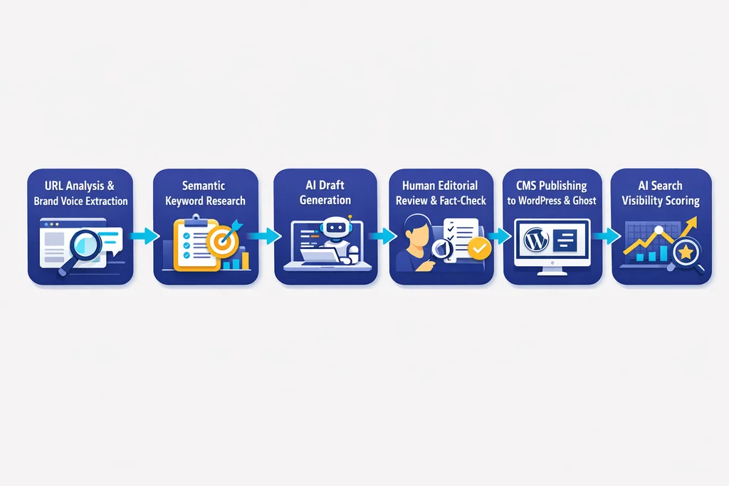 Process flow diagram showing the AI content workflow and quality controls an LA SEO company should follow