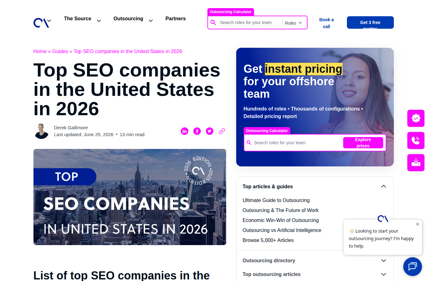 Outsource Accelerator’s US SEO Company List website screenshot for clutch top seo rankings 2026