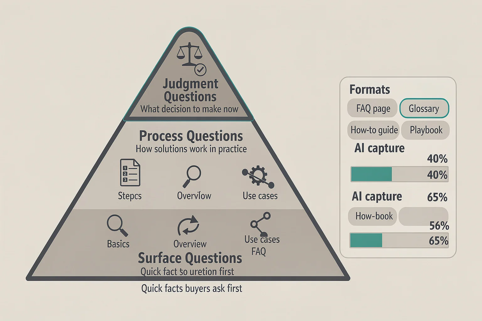 Three-tier pyramid diagram mapping surface, process, and judgment intent layers for b2b content marketing strategy in AI search