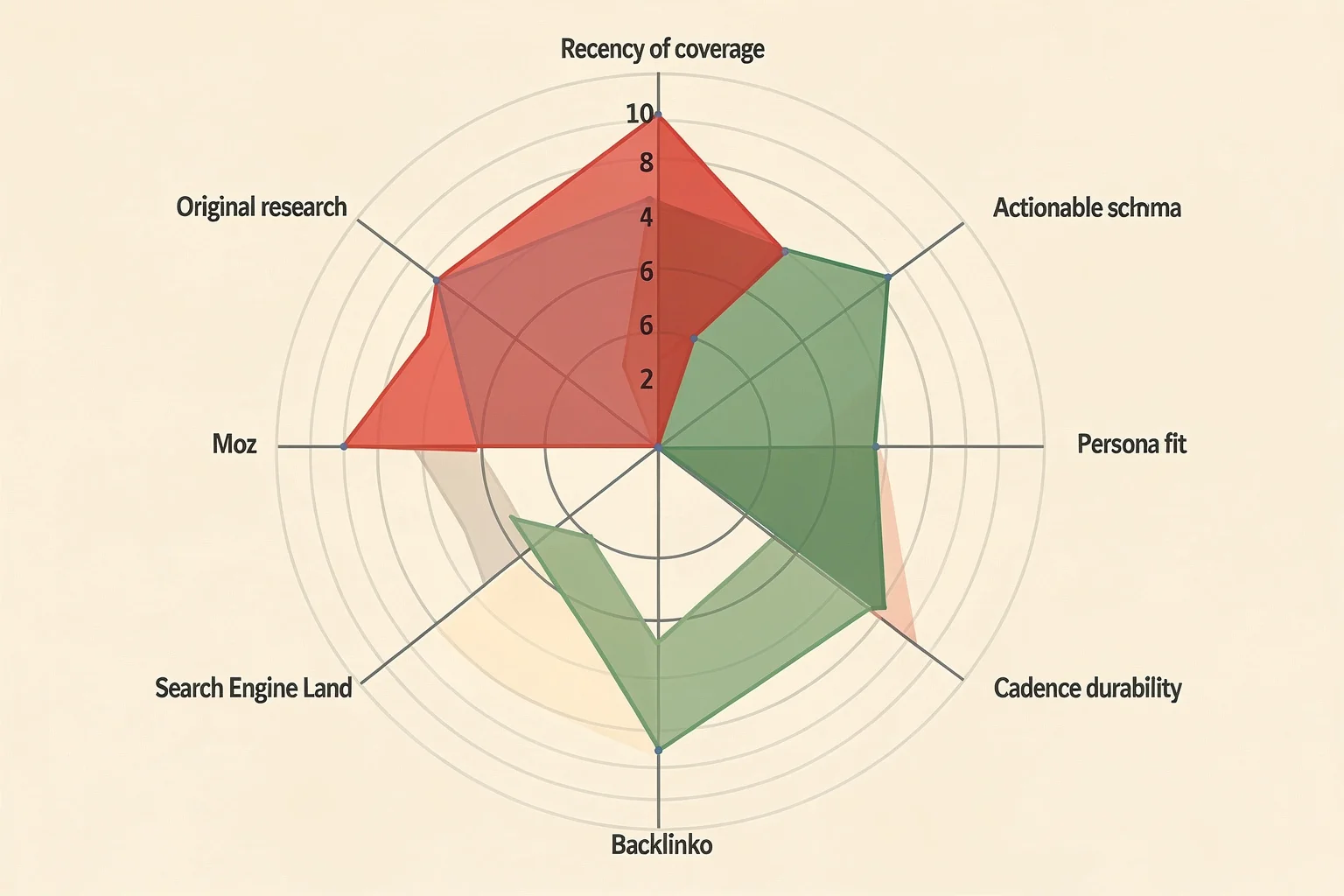 Scoring radar chart for best SEO blogs 2026 showing criteria: recency, original research, actionable schema, persona fit, and cadence.