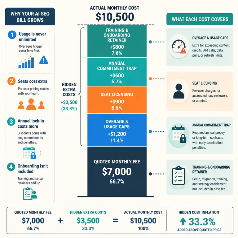 Stacked bar chart showing how hidden fees raise AI SEO pricing from a quoted $7,000 to over $10,000 per month