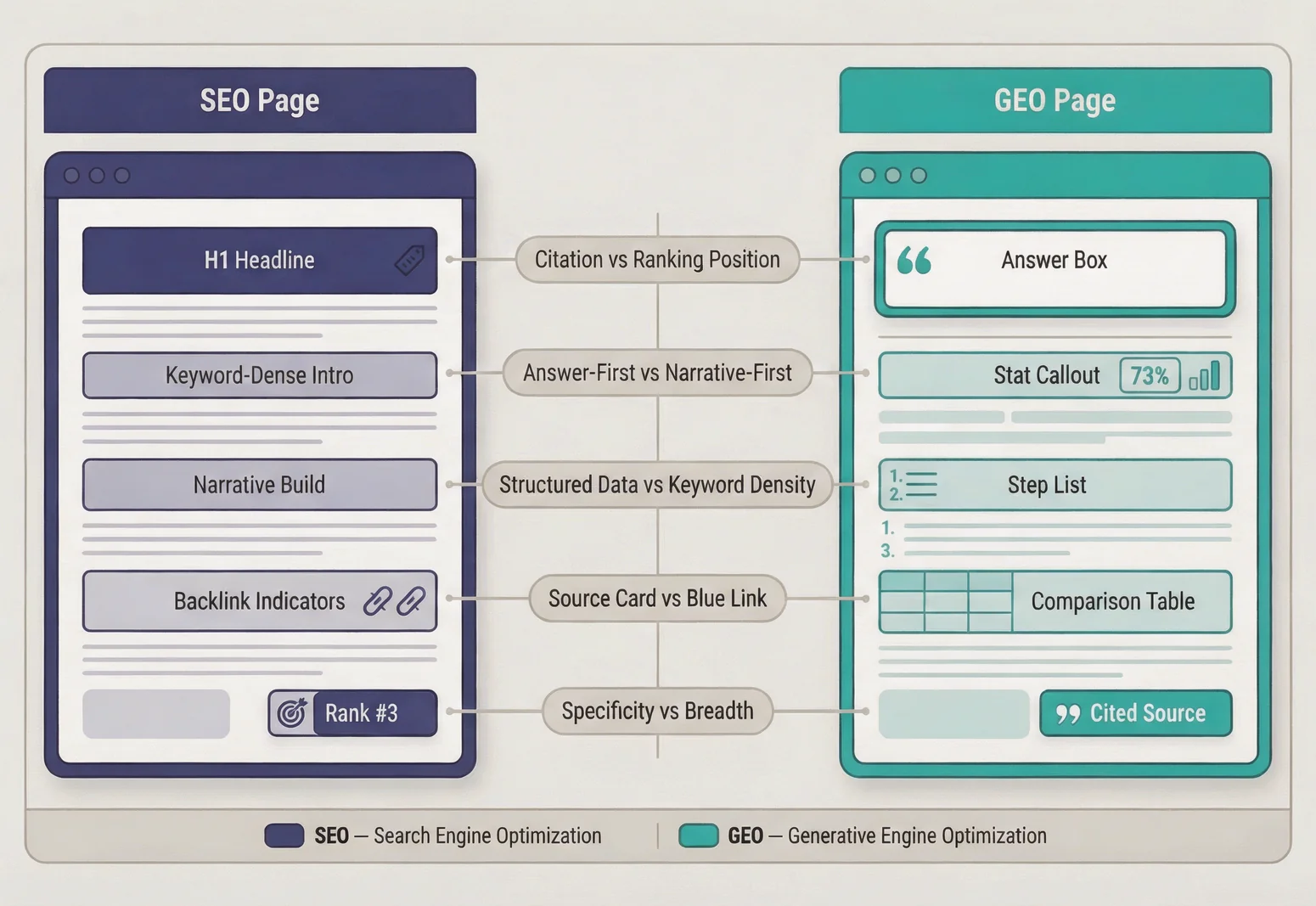 GEO vs SEO comparison diagram showing five practical differences between generative engine optimization and traditional search optimization
