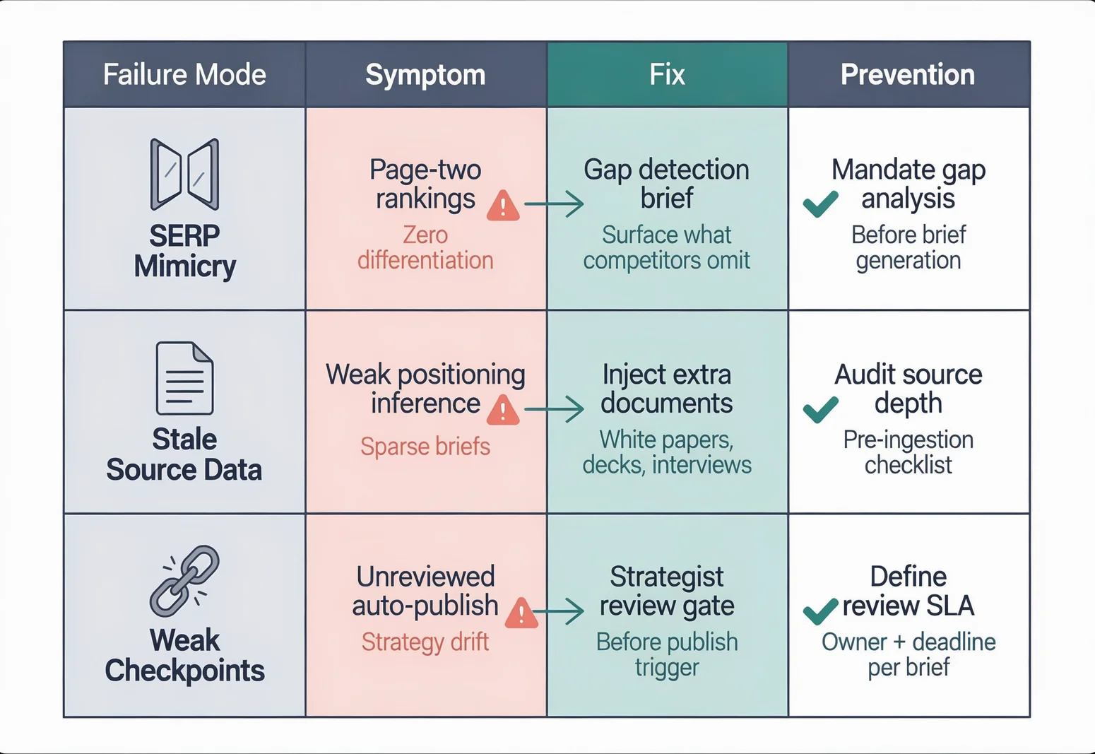 Diagnostic grid showing three automated content marketing research pipeline failure modes and their fixes